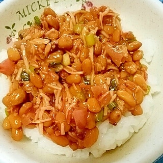 納豆の食べ方-カニカマ＆そぼろ味噌♪